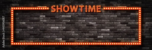 Vector realistic isolated retro marquee billboard with electric light lamps of Showtime frame logo for invitation on the wall background.