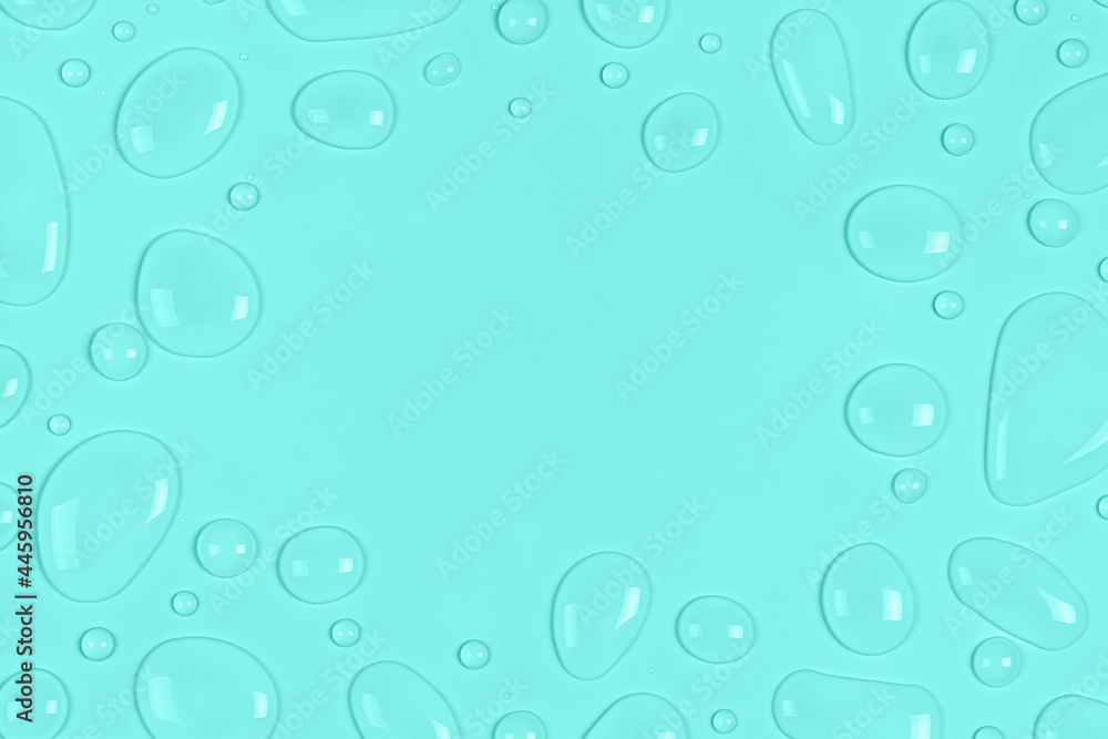 Frame of Water drops on a pastel blue or turquoise background. Water texture close up. Backdrop glass covered with drops of water. Water bubbles