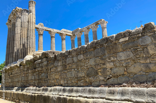 Evora, Portugal: 09/06/2021: Ancient roman temple of Diana in the old city of Evora, Portugal. Historical ruins part of the UNESCO World Heritage Site