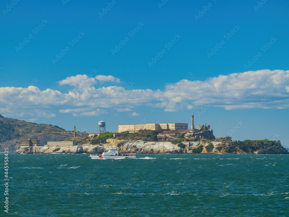 Sunny view of the Alcatraz Island and San Francisco Bay