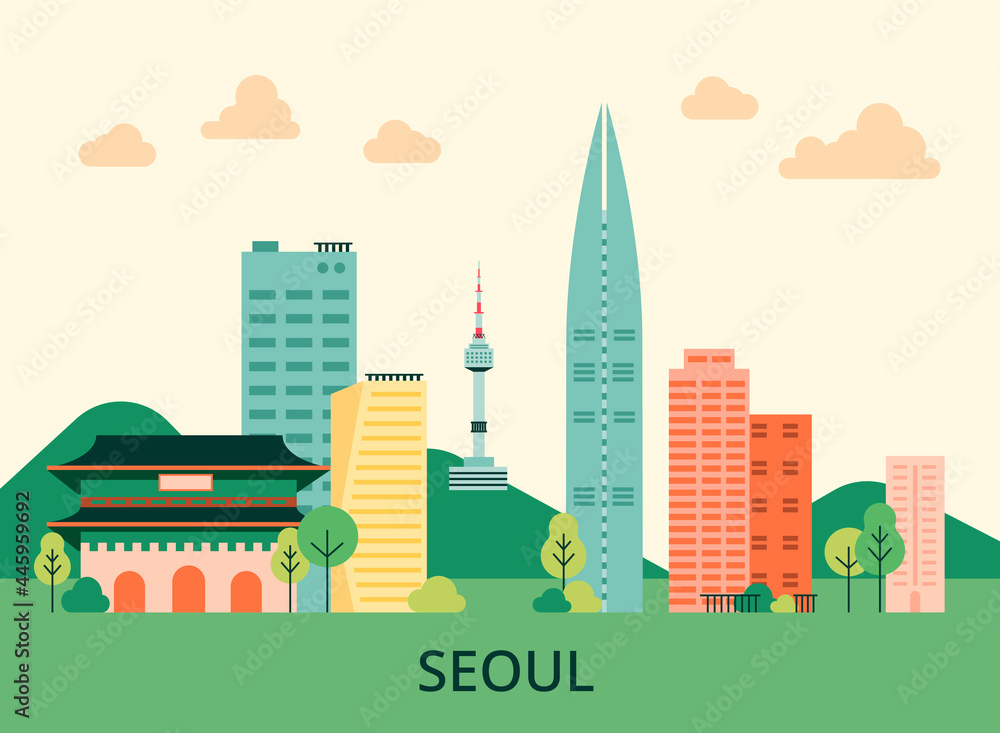 Tourism poster with Korean landmark buildings. flat design style minimal vector illustration.