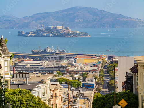 Sunny view of the Alcatraz Island and San Francisco Bay with some residence building
