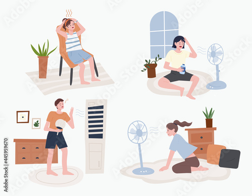 Hot summer people sweating and blowing fan air, standing in front of air conditioner. flat design style minimal vector illustration.