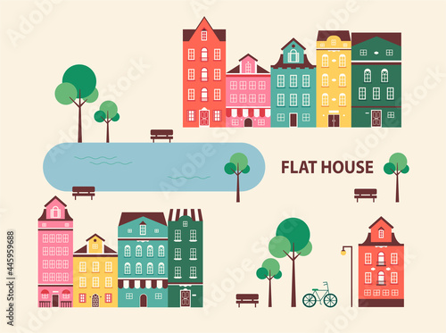 A town with classic European old buildings. flat design style minimal vector illustration.