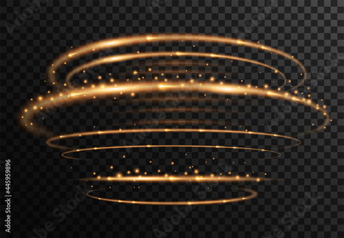 Glowing golden tornado. Rotating sparkling ellipses. Isolated effect of whirlwind, hurricane, storm twister. Dynamic neon circles