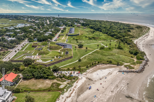Aerial view of Fort Moultrie on Sullivan's island Charleston, South Carolina from the American Revolutionary war protecting the harbor with gun battery blue cloudy sky photo