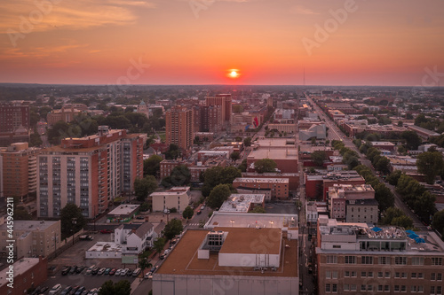 Aerial sunset view of Richmond capital city of Virginia with dramatic sky overlooking the fan district and museum district
