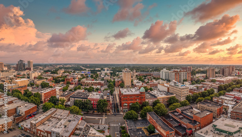 Aerial sunset view of Richmond capital city of Virginia with dramatic sky overlooking the fan district and monroe ward, main street  photo