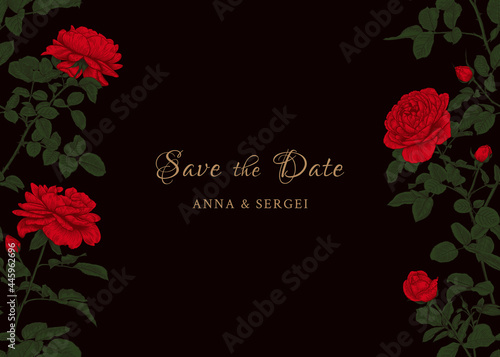 Floral card with red roses. Wedding banner with roses on dark background. Golden greeting.