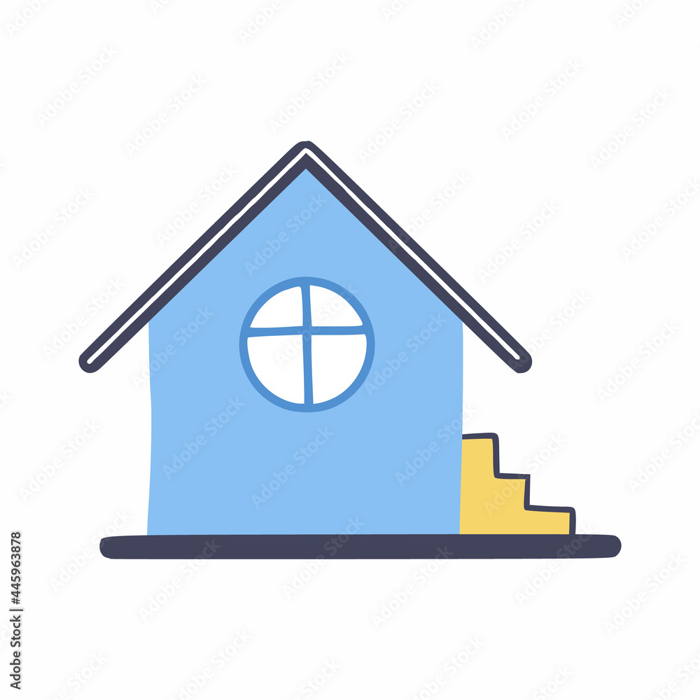Small blue house with steps and round window. Cute vector illustration for children greeting card. Drawing in doodle style. Small blue house with steps and round window. Cute vector illustration for children greeting card. Drawing in doodle style.