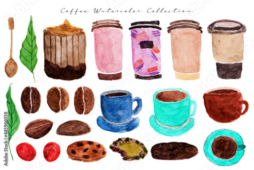 a set of coffee theme hand painted watercolor