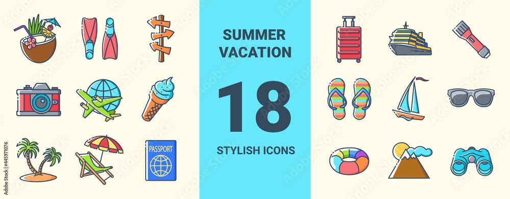 Set of colored icons on the theme of summer holidays. Concept of travel, summer vacation and rest. Vector stylish outline flat illustrations on yellow background.