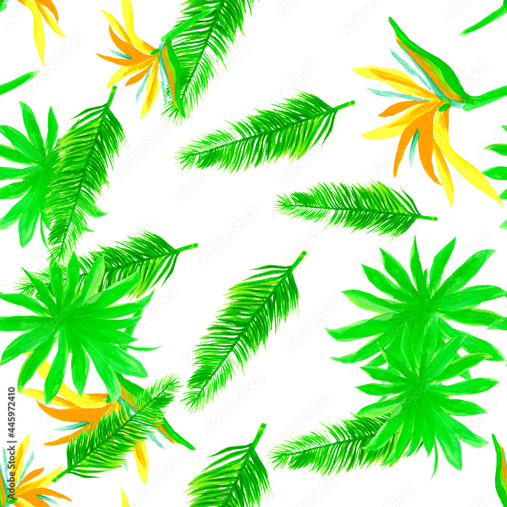 White Pattern Texture. Natural Seamless Nature. Green Tropical Illustration. Organic Isolated Foliage. Drawing Leaf. Decoration Illustration. Wallpaper Art.