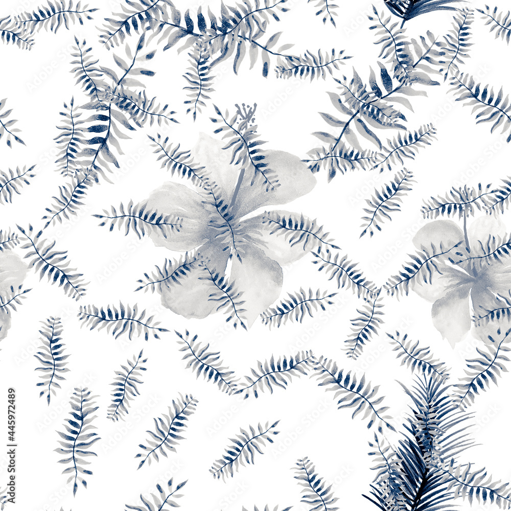 Gray Seamless Foliage. Blue Pattern Design. Indigo Tropical Textile. Navy Spring Leaf. Cobalt Decoration Illustration. Drawing Foliage. Watercolor Texture.