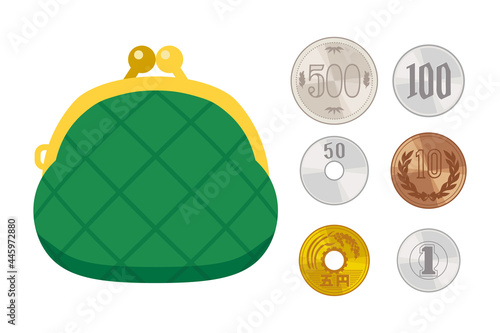 お金のイラスト 緑色のがま口財布と日本硬貨
