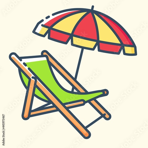 Wooden beach chaise lounge with umbrella colored icon. Concept of travel, summer vacation and rest. Vector stylish outline flat illustrations on yellow background.