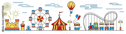 Panorama of an amusement park with a ferris wheel, circus, rides, balloon, bouncy castle and food cart. Landscape of urban park. Vector illustration