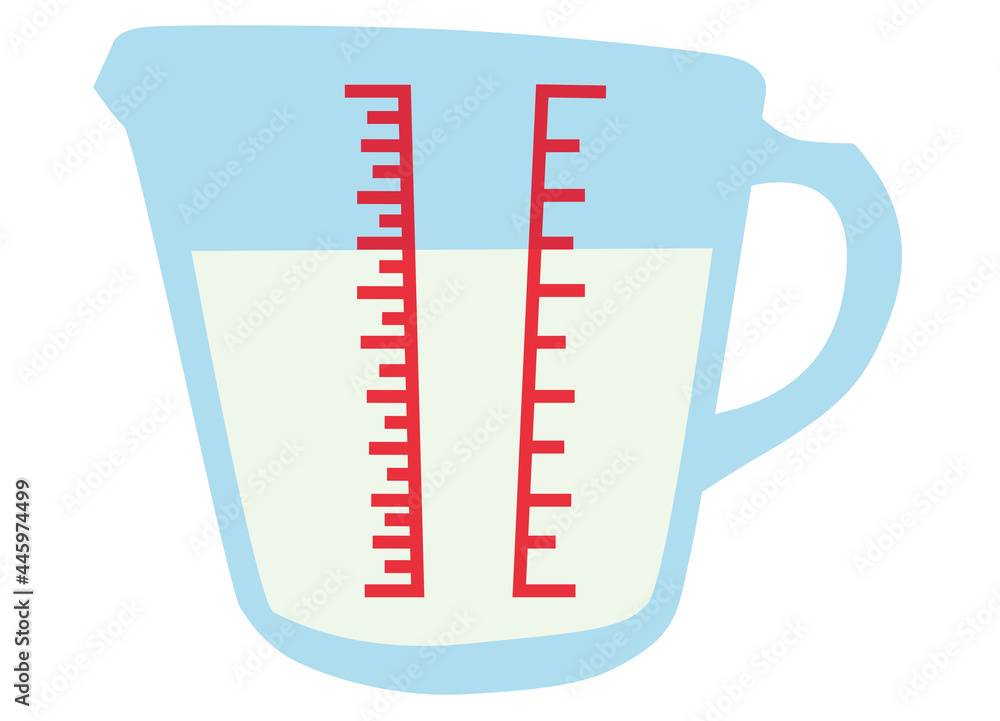One measuring cup about half full of liquid One measuring cup about half full of liquid