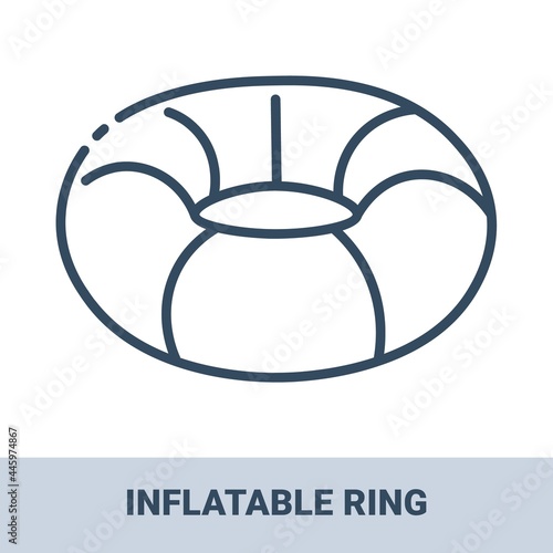 Inflatable ring outline monochrome icon with title. Concept of travel, summer vacation and rest. Vector monochrome illustrations isolated on white background.