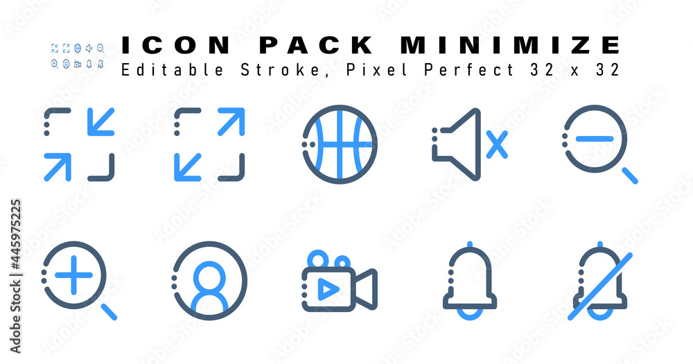 Icon Set of Minimize Two Color Icons. Contains such Icons as Zoom Out, Zoom, User, Video etc. Editable Stroke. 32 x 32 Pixel Perfect Icon Set of Minimize Two Color Icons. Contains such Icons as Zoom Out, Zoom, User, Video etc. Editable Stroke. 32 x 32 Pixel Perfect