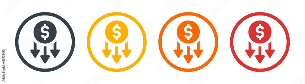 Cost reduction icon. Money decrease sign. Recession symbol vector illustration. Cost reduction icon. Money decrease sign. Recession symbol vector illustration.