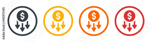Cost reduction icon. Money decrease sign. Recession symbol vector illustration.