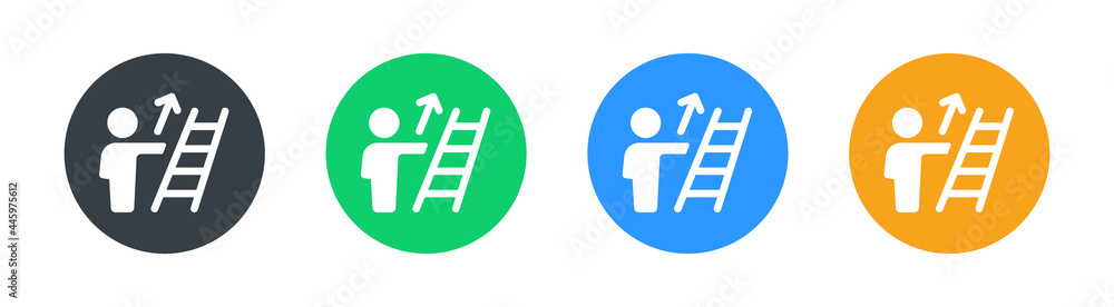 Man with ladder and arrow up icon sign. Symbol of job challenging, climb to reach goal concept. Man with ladder and arrow up icon sign. Symbol of job challenging, climb to reach goal concept.