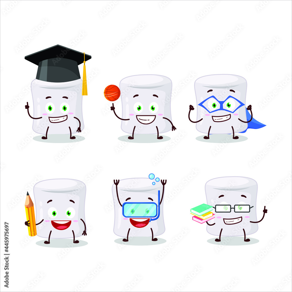 School student of marshmallow cartoon character with various expressions. Vector illustration