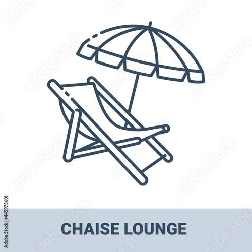 Wooden beach chaise lounge with umbrella outline monochrome icon with title. Concept of travel, summer vacation and rest. Vector monochrome illustrations isolated on white background.