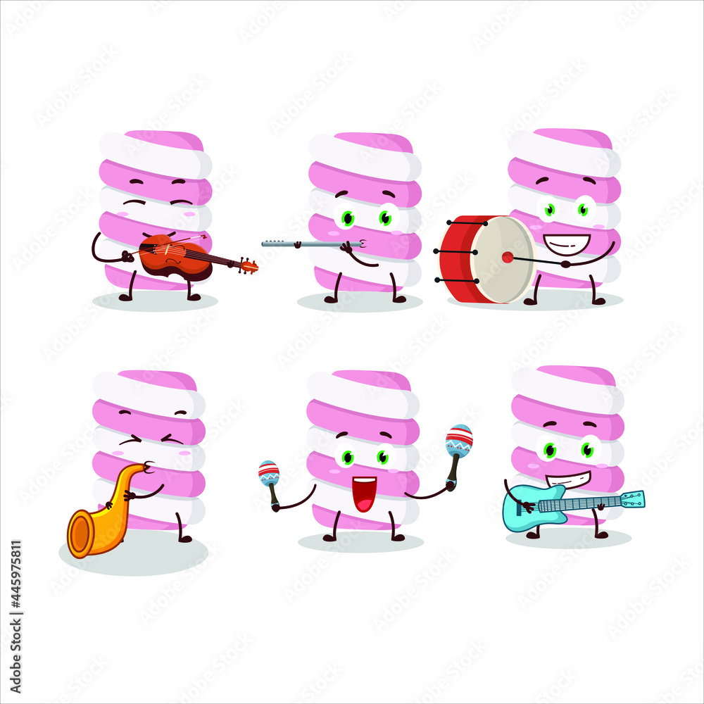 Fototapeta premium Cartoon character of marshmallow twist playing some musical instruments. Vector illustration