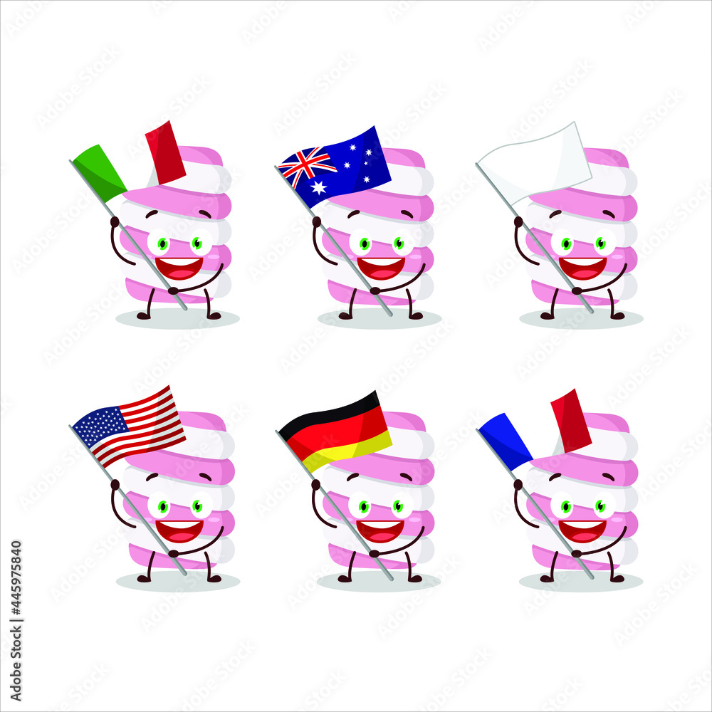 Marshmallow twist cartoon character bring the flags of various countries. Vector illustration Marshmallow twist cartoon character bring the flags of various countries. Vector illustration