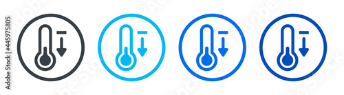 Cold temperature icon. Thermometer with minus symbol sign and arrow down. Vector illustration