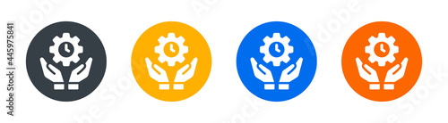 Time organizing, Time management icon. Hand holding clock with cogwheel icon vector illustration.