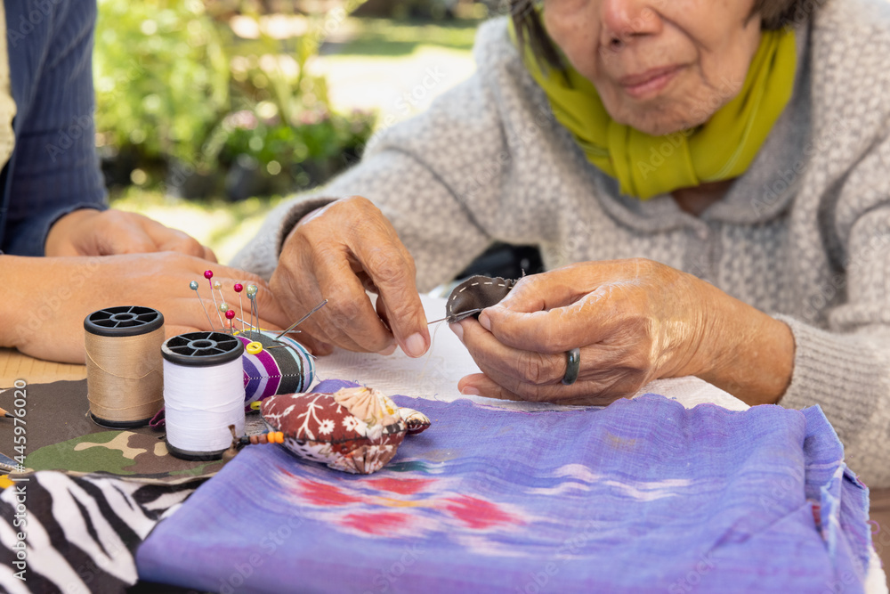 Elderly woman and daughter in the needle crafts occupational therapy for Alzheimer’s or dementia - obrazy, fototapety, plakaty 