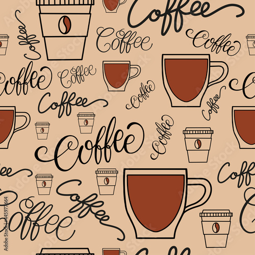 Seamless pattern, inscriptions: coffee. Doodle style, freehand drawing. For wallpapers, postcards, greetings, backgrounds, menus, design of cafes and shops. Vector © Natalya