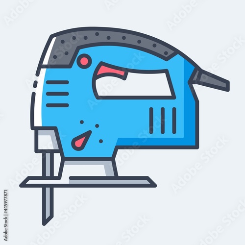 Electric fretsaw vector outline flat icon. Hand wooden jig saw construction tool for renovation work.