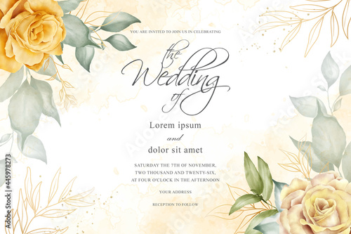 Obraz na plátně watercolor wedding invitation design with arrangement flower and leaves