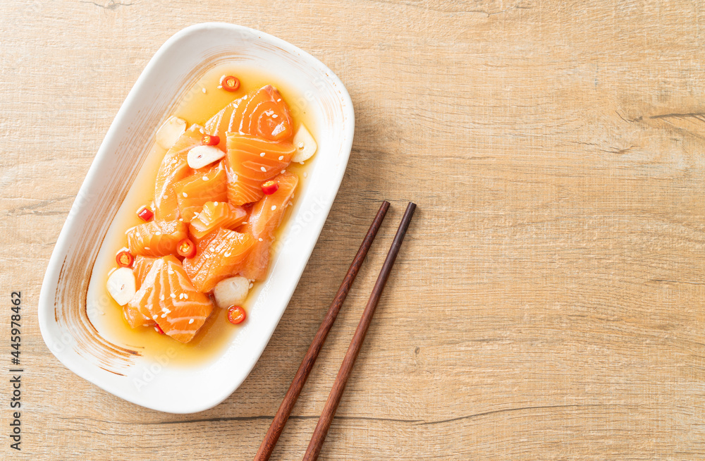 fresh salmon raw marinated shoyu or salmon pickled soy sauce fresh salmon raw marinated shoyu or salmon pickled soy sauce