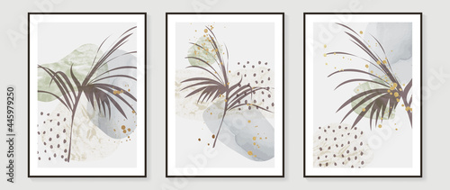 Contemporary botanical prints wall art. Abstract art background with Golden line art, palm and tropical leaves. watercolor canvas frame design for prints and home decor. Vector illustration.