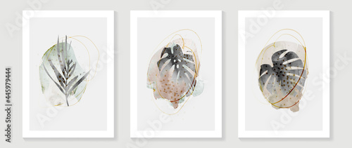 Contemporary botanical prints wall art. Abstract art background with Golden line art, palm and tropical leaves. watercolor canvas frame design for prints and home decor. Vector illustration.