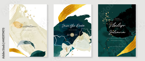 Abstract art background vector. Luxury invitation card background with golden line art flower and botanical leaves, Organic shapes, Watercolor. Vector invite design for wedding and vip cover template.