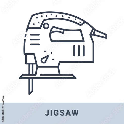 Electric fretsaw vector outline monochrome icon. Hand wooden jig saw construction tool for renovation work.