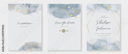 Abstract art background vector. Luxury invitation card background with golden line art and Watercolor brush texture. Vector invite design for wedding and vip cover template.
