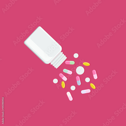 Tablets, medicine, pills are scattered from the white bottle. Vector illustration, flat cartoon color minimal design, isolated, eps 10.