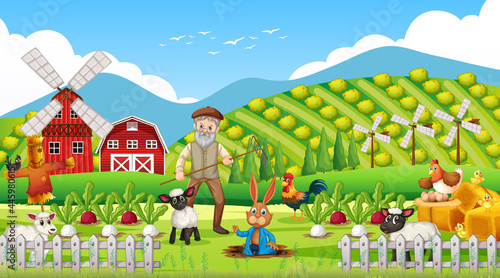 Farm at daytime scene with old farmer man and farm animals