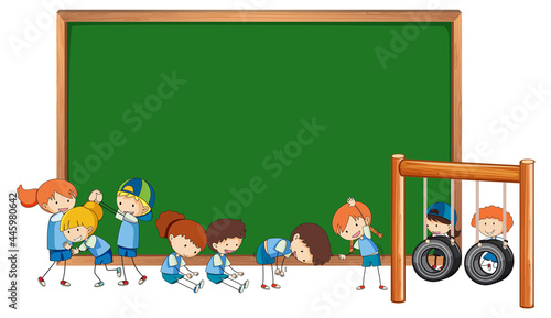 Empty blackboard with many kids doodle cartoon character isolated