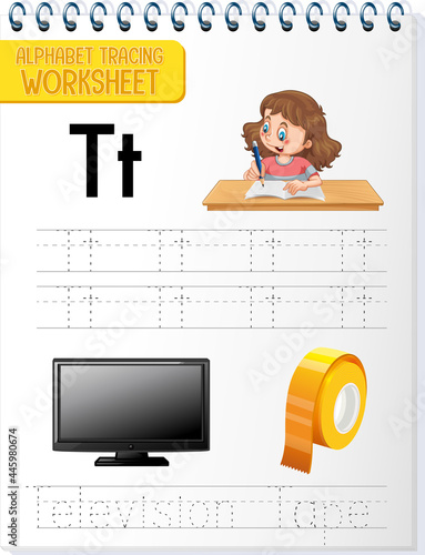 Alphabet tracing worksheet with letter T and t