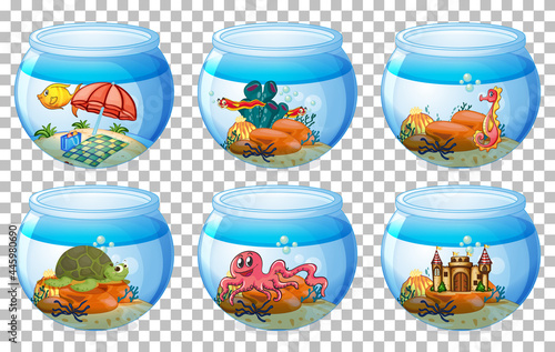 Set of water bowls and fishes isolated on transparent background
