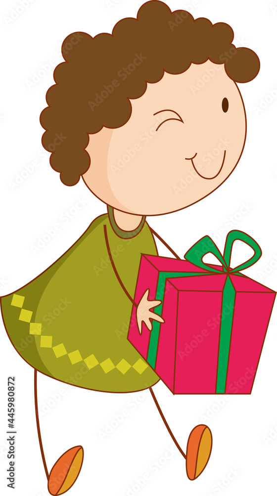A doodle kid holding a gift box cartoon character isolated A doodle kid holding a gift box cartoon character isolated