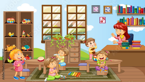 A teacher and children in kindergarten room scene